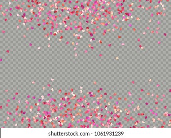 Multicolor paper hearts. Effect confetti easy to use. Valentines petals top view. Isolated on transparent background. EPS 10 vector file