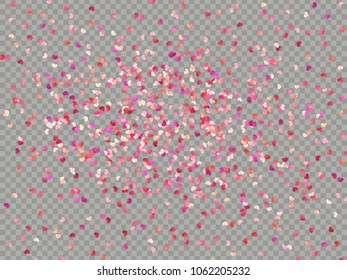 Multicolor paper hearts. Effect confetti easy to use. Valentines petals top view. Isolated on transparent background. EPS 10 vector file