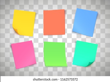 Multicolor paper notes on transparent background. Post it note. Vector illustration