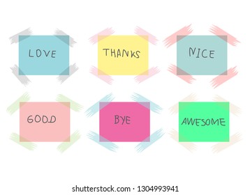 Multicolor of paper notes with words and sticky tape on white background. 