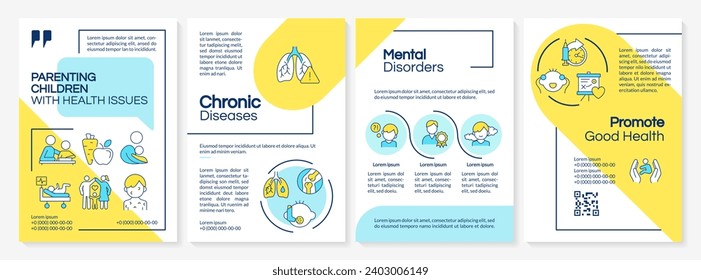 Plantilla de folletos sobre padres multicolor con problemas de salud, diseño de folletos con iconos lineales delgados, 4 diseños vectoriales.