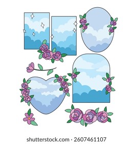 Multicolor pastel cloud aesthetic vector background set in frames with flowers, floral, romantic style frame template with blue clouds