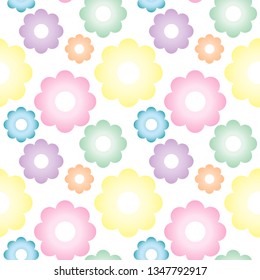 Multicolor pastel seamless pattern.  Simple flower icons, bright vector pattern without background.
