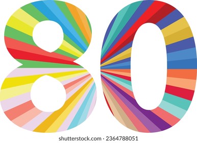 multicolor pastel striped number eighty isolated on white background. numeric vector.