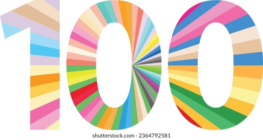 multicolor pastel striped number one hundred isolated on white background. numeric vector.