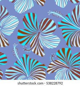 Multicolor pattern for summer fashion, interior, wallpaper. Seamless vector tropical design with hibiscus, leaves and buds on a blue background. Exotic multicolor flowers in allover composition.