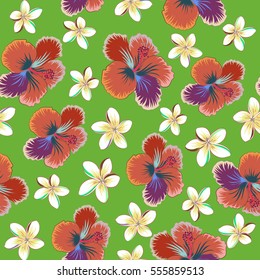 Multicolor pattern for summer fashion, interior, wallpaper. Seamless vector tropical design with hibiscus on green background. Exotic flowers in allover composition.