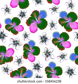 Multicolor pattern for summer fashion, interior, wallpaper. Vector tropical design with hibiscus, leaves and buds on a white background. Exotic multicolor flowers in allover composition.