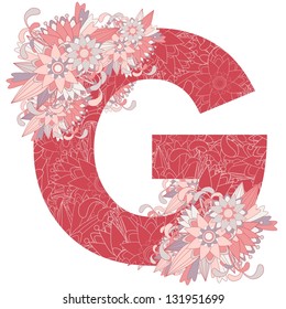 Multicolor patterned letter G with floral elements. Vector illustration