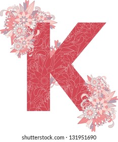 Multicolor patterned letter K with floral elements. Vector illustration