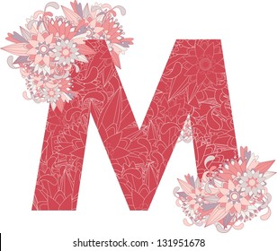 Multicolor patterned letter M with floral elements. Vector illustration