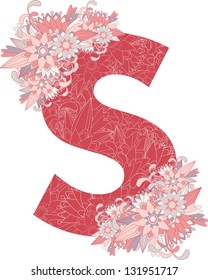 Multicolor patterned letter S with floral elements. Vector illustration