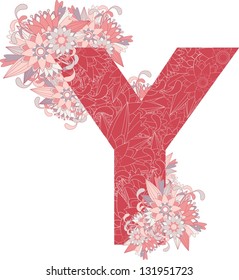 Multicolor patterned letter Y with floral elements. Vector illustration