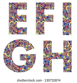Multicolor patterned letters. Part of english alphabet. Vector illustration