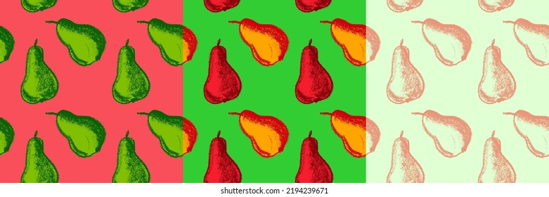 Multicolor pear background. Vector pears seamless pattern with fruit hand drawn pencil illustration for vegan banner, juice, baby food packaging, jam label design. Colour fruits backdrop. Green eating