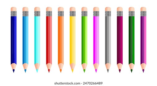 Lápices multicolores, Vector 3d de vuelta a la escuela, Elementos de madera de colores para la oficina, educación, artistas, ilustración de estilo plano de los niños aislado sobre fondo blanco