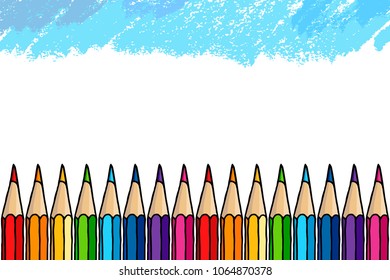 Multicolor pencils and blue strokes border isolated over white. Stationery hand drawn vector doodle illustration blank frame. 