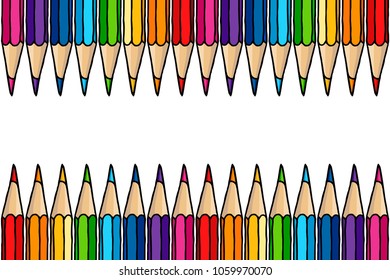 Multicolor pencils border isolated over white. Stationery hand drawn vector doodle illustration blank frame. 