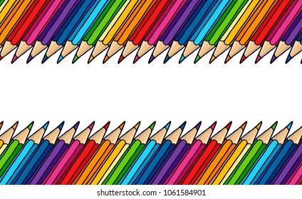 Multicolor pencils border isolated over white. Stationery hand drawn vector doodle illustration blank frame. 