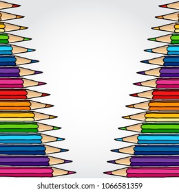 Multicolor pencils border isolated over white. Stationery hand drawn vector doodle illustration blank frame. 