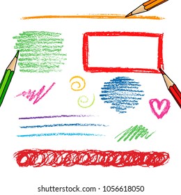 Multicolor pencils borders and strokes isolated over white. Hand drawn vector doodle elements illustration. 