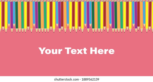 Multicolor pencils on cool red background, horizontal seamless pattern for banner.