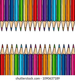 Multicolor pencils square border isolated over white. Stationery hand drawn vector doodle illustration blank frame. 