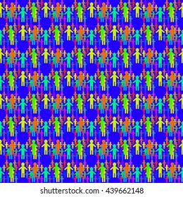 Multicolor people on blue background. Seamless pattern