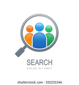 Multicolor people silhouette in magnifier shape. Vector logo design template. Abstract concept for search for employees and job, business, human resource and professional headhunting, social network.