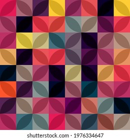 Multicolor petals pattern. Vector seamless four rays or petals on same tile. Colorful colors bright and avant-garde style ornament.