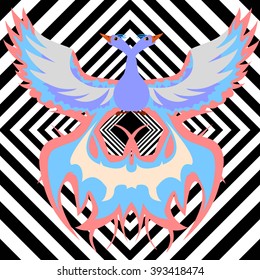 Multicolor phoenix on a black and white background