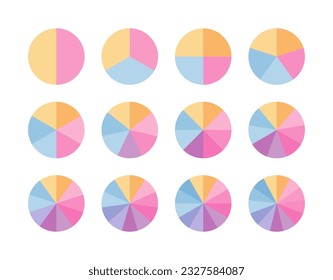 Multicolor piechart with segments and slices. Circular structure chart. Ring section template. Circle graph. Pie diagram. Set schemes with sectors. Vector illustration