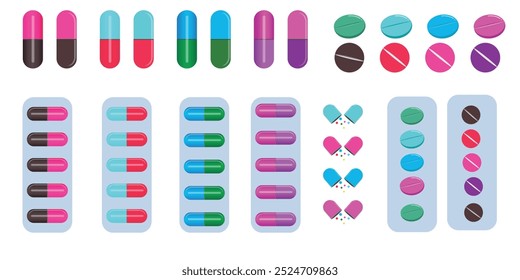 Mehrfarbige Tablette Kapsel, Medikamente in verschiedenen Größen und Formen, Pillen, Tabletten und Medikamente, Oval und runde Kapseln Set