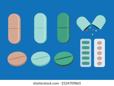 Mehrfarbige Tablette Kapsel, Medikamente in verschiedenen Größen und Formen, Pillen, Tabletten und Medikamente, Oval und runde Kapseln Set