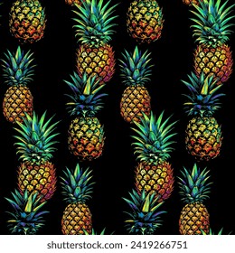Multicolor pineapple - Seamless pattern, realistic sketch, vintage style, vector botanical seamless background