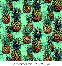 Multicolor pineapple - Seamless pattern, realistic sketch, vintage style, vector botanical seamless background