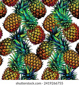 Multicolor pineapple - Seamless pattern, realistic sketch, vintage style, vector botanical seamless background