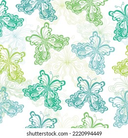 Multicolor pink and blue butterflies seamless pattern.  Trendy animal motif wallpaper.