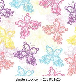 Multicolor pink and blue butterflies seamless pattern.  Beautiful floral pattern pastel colors. 