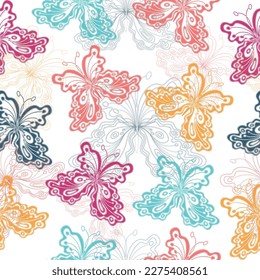 Multicolor pink and blue butterflies seamless pattern.  Butterfly on leopard print. 