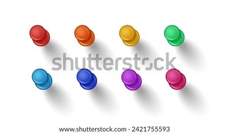 Multicolor pins realistic vector illustration set. Color pushpins with plastic caps 3d models on white background. Attaching thumbtacks