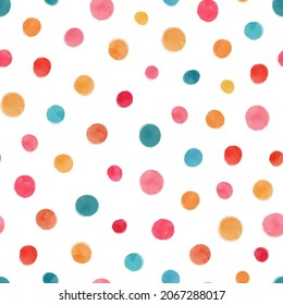 Multicolor polka dot abstract seamless pattern isolated on white background with pink, yellow, blue, orange dots watercolor vector illustration.