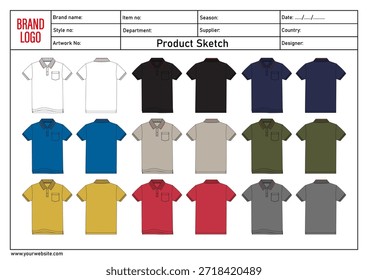 Multicolor Polo shirt vector illustration template front and back views