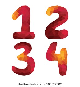 Multicolor polygons isolated numbers 1,2,3,4 on white background.Hot colors.The vector.