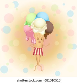 Multicolor poster - humanoid waffle ice cream cone on a festive background for used for wallpaper, printing on the packaging paper, textiles.