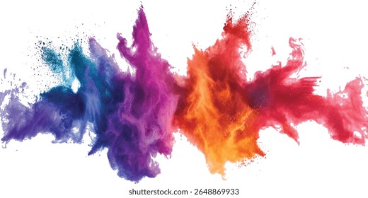 Explosão de pó multicolor no fundo branco. Poeiras coloridas explodem. Pinte Holi. colorido vibrante arco-íris Holi pintura cor pó explosão com cores brilhantes fundo branco isolado.