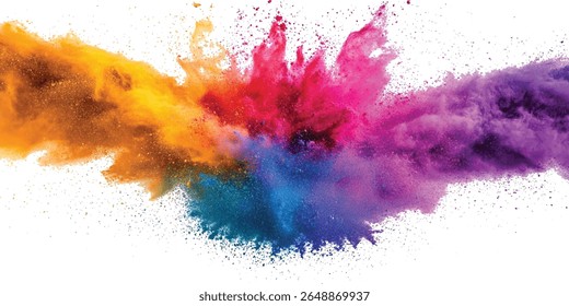 Explosión de polvo multicolor sobre fondo blanco. El polvo colorido explota. Colorido vibrante arco iris Holi pintura explosión de polvo de color con colores brillantes aislados de fondo blanco.
