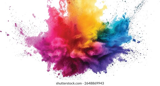 Multicolor powder explosion on White background. Colorful dust explode. Paint Holi. colorful vibrant rainbow Holi paint color powder explosion with bright colors isolated white background.