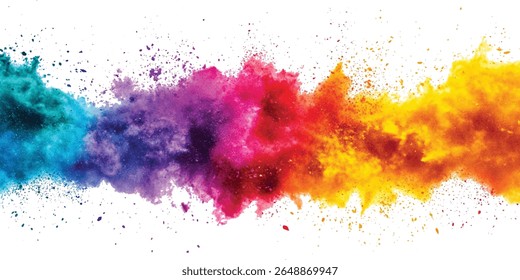 Multicolor powder explosion on White background. Colorful dust explode. Paint Holi. colorful vibrant rainbow Holi paint color powder explosion with bright colors isolated white background.