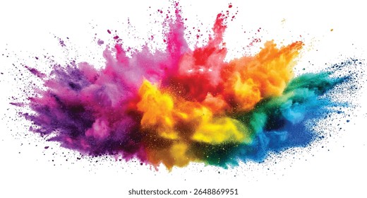 Multicolor powder explosion on White background. Colorful dust explode. Paint Holi. colorful vibrant rainbow Holi paint color powder explosion with bright colors isolated white background.